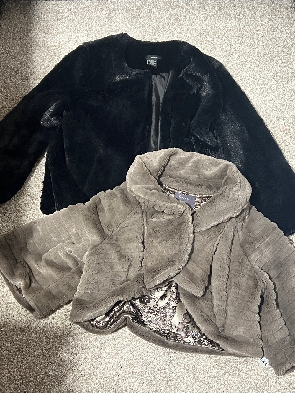 Two Faux Fur Cropped Jackets - Black and Taupe Gray NWOT